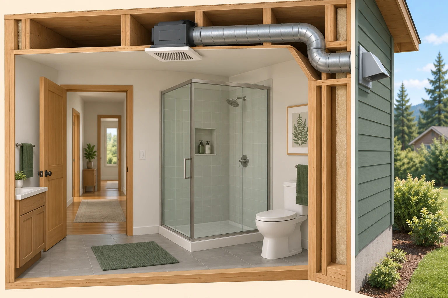A bathroom cutaway shows a ceiling grille and fan housing connected by a continuous duct to a hood outside the wall, with a doorway to a hall.