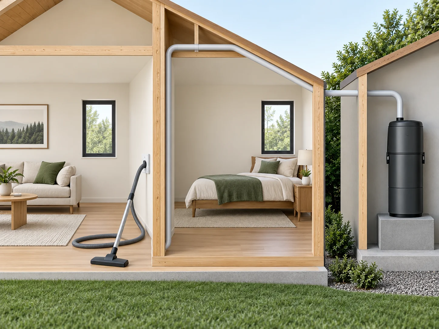 Illustrated house cutaway with a floor tool and hose beside a wall inlet, an exposed pipe crossing the timber frame and a closed cylindrical vacuum unit at right.