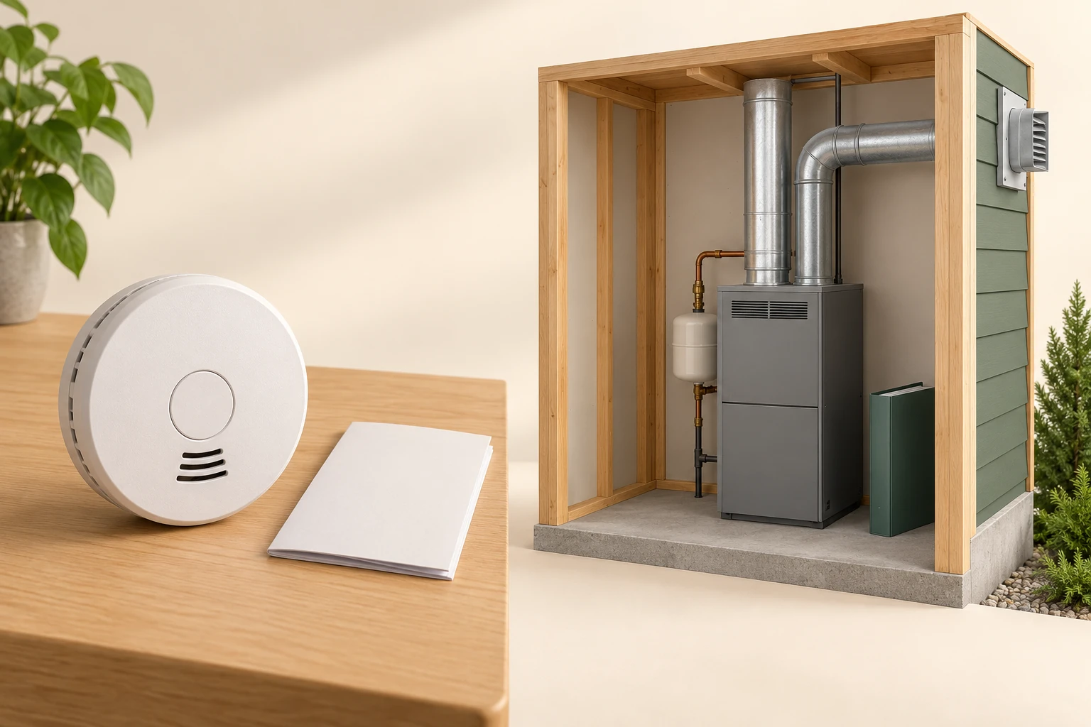 A generic closed alarm and blank manual appear at left; a separate small room cutaway with closed heating equipment and a blank service folder appears at right.