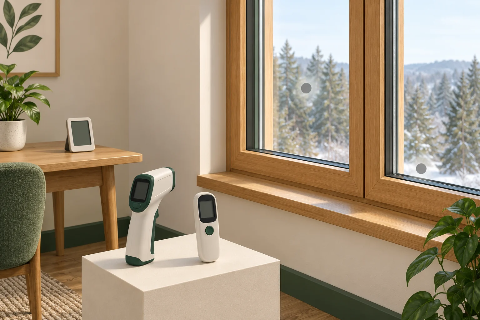 A blank-display room meter sits on a table away from a window; two unused blank-display instruments sit on a separate plinth and two neutral dots mark glass locations.