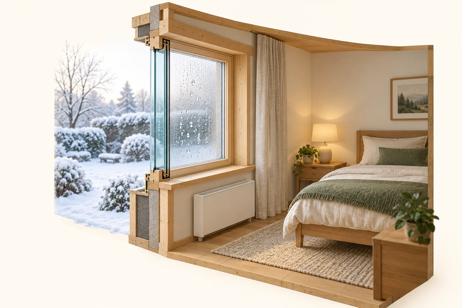 Timber bedroom cutaway with droplets on room-facing window glass, a cold snowy garden outside and a closed heater below.