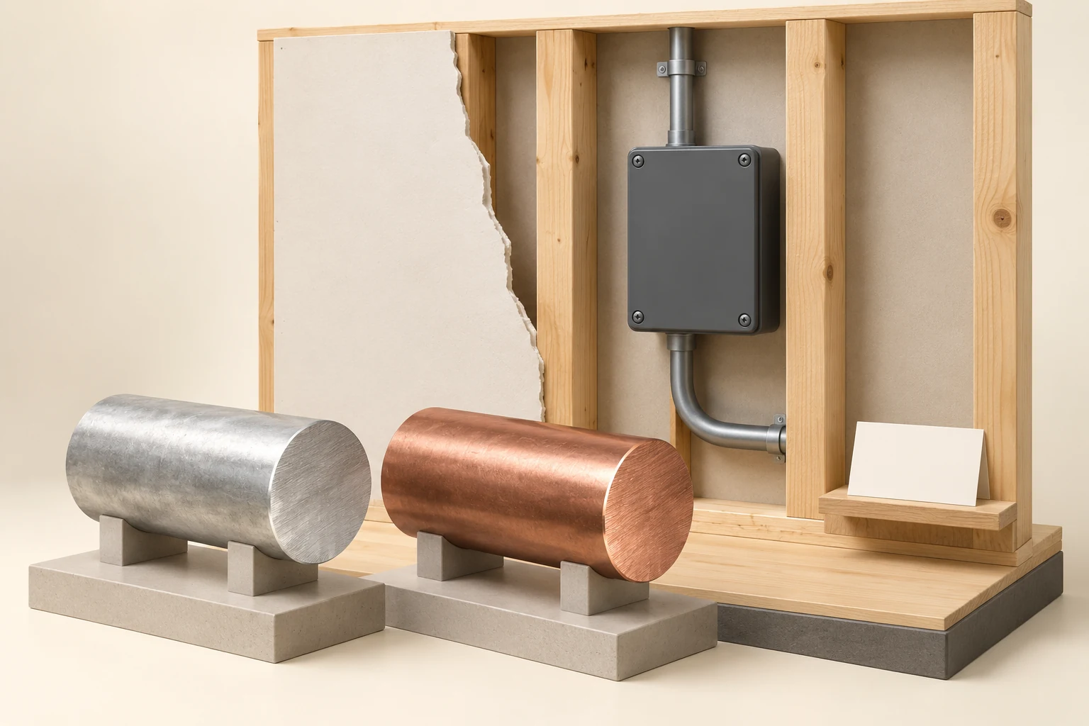 Enlarged grey and copper-toned metal specimens beside an open timber wall specimen, a closed dark enclosure and a blank record card