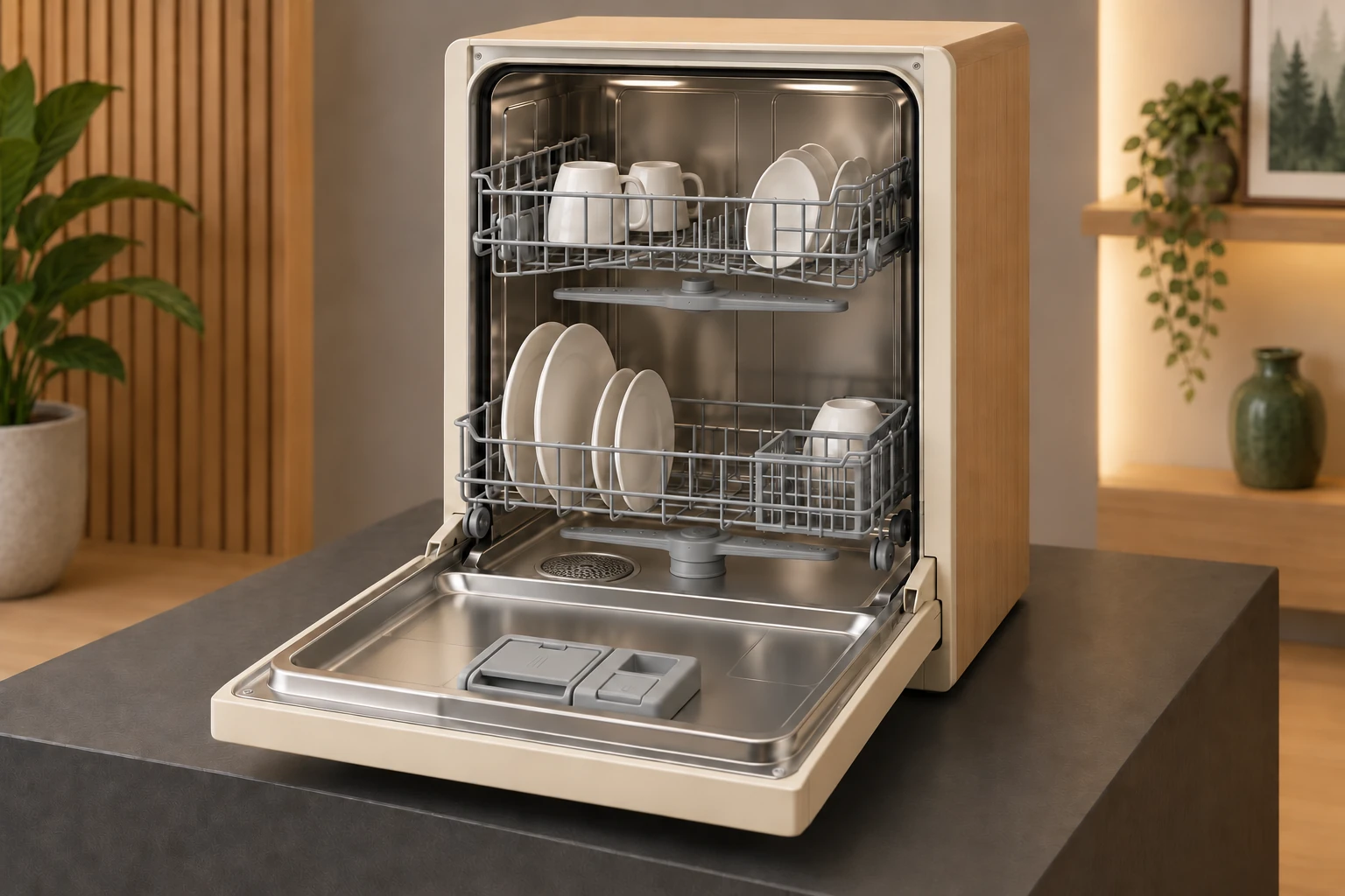 Fictional open dishwasher with two loaded racks, one spray-arm-like form beneath each rack, a separate mesh opening on the tub floor and a dispenser on the open door