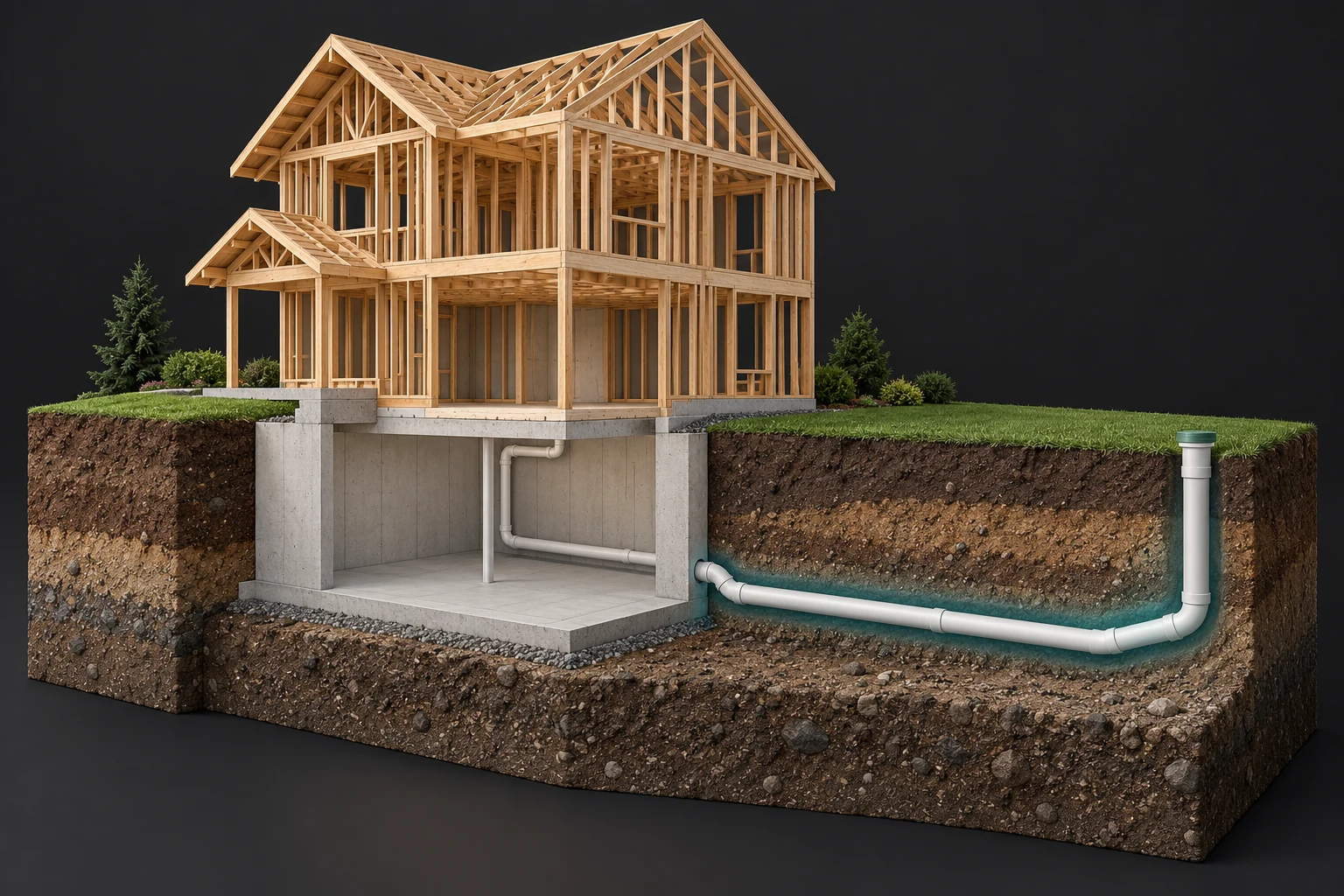 AI-generated conceptual house frame above a foundation and soil cutaway with a visible buried drainage route