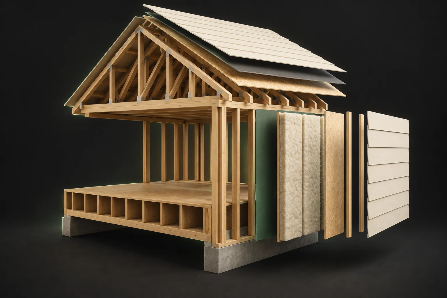 Conceptual 3D exploded roof and wall corner with separate framing, insulation, sheet and exterior planes