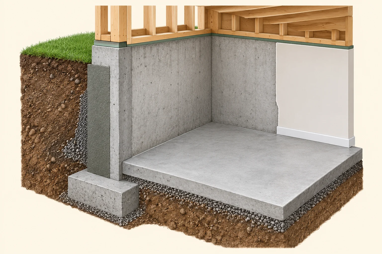 Original three-dimensional basement-corner cutaway shows a concrete wall, footing at its base, a separate floor slab over gravel, a narrow exterior coating and a partial pale interior finish, with framing above. No crack, measured movement or property finding is pictured. The open model is not a homeowner access method.