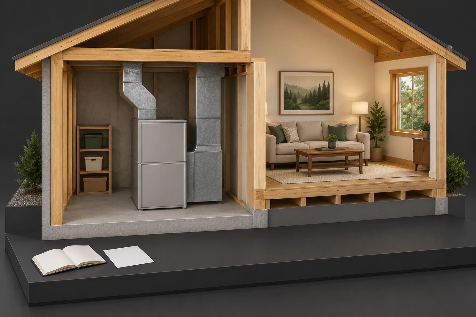 Fictional timber house section with a closed cabinet and broad metal duct-like forms beside a furnished room, with a blank booklet and sheet in front