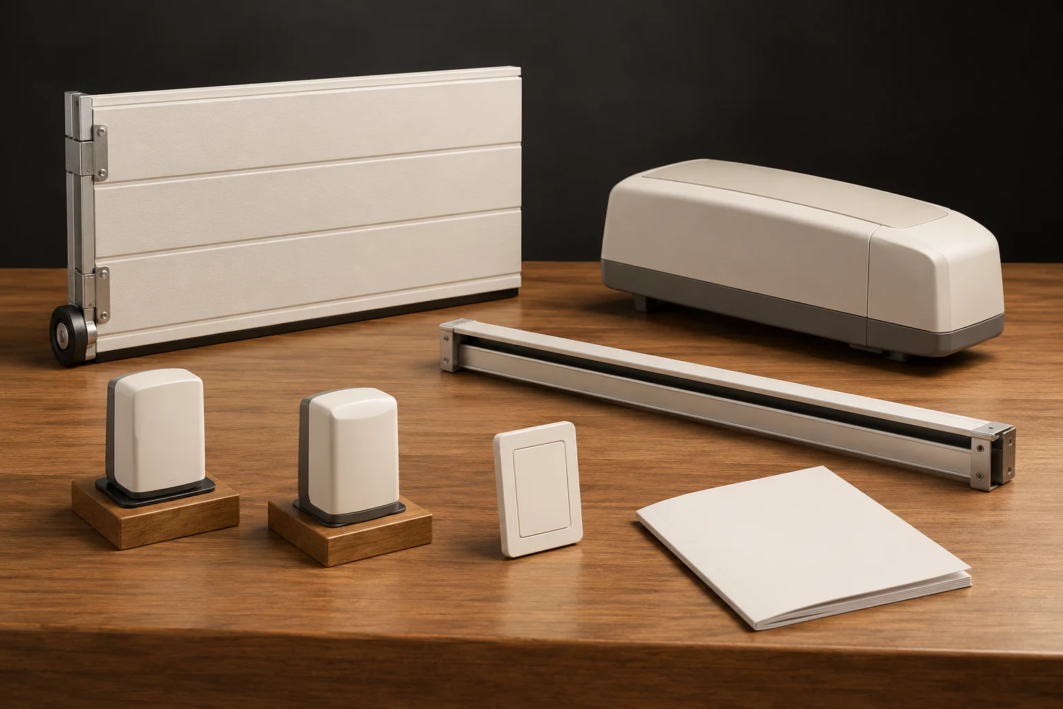 Separated conceptual segmented panel and roller-like wheel, closed housing, straight rail, two plain small device forms, wall-control-like rectangle and blank booklet on a timber surface