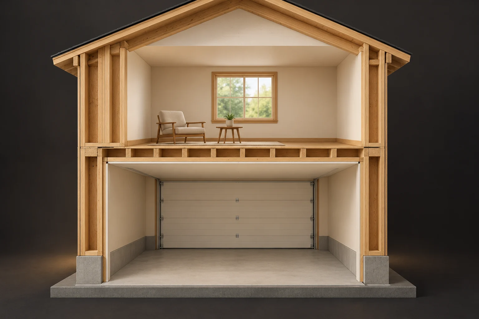 Two-level timber cutaway with an empty lower garage, an upper furnished room, a visible timber floor-edge band and a plain lower ceiling plane