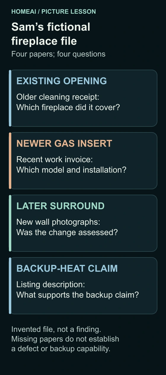 Four cards compare an older opening’s cleaning receipt, a newer insert’s invoice, later surround photographs and a listing’s backup-heat claim. Each card asks a separate question; no inspection result or connected route is drawn.