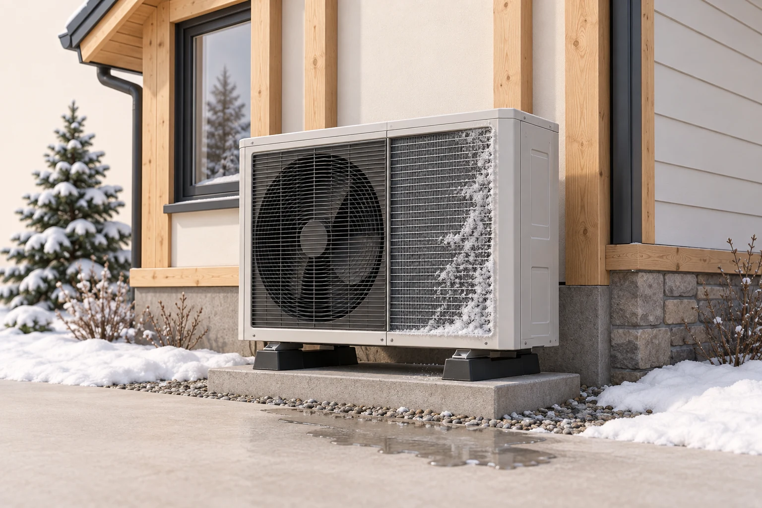 Illustrative 3D outdoor unit beside a pale timber house, with a closed cabinet, front fan grille, frosted fin region and wet ground