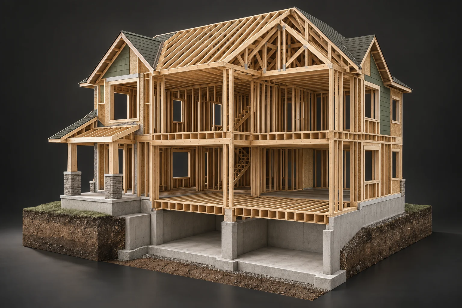 AI-generated conceptual timber house skeleton with open floors, roof framing and foundations