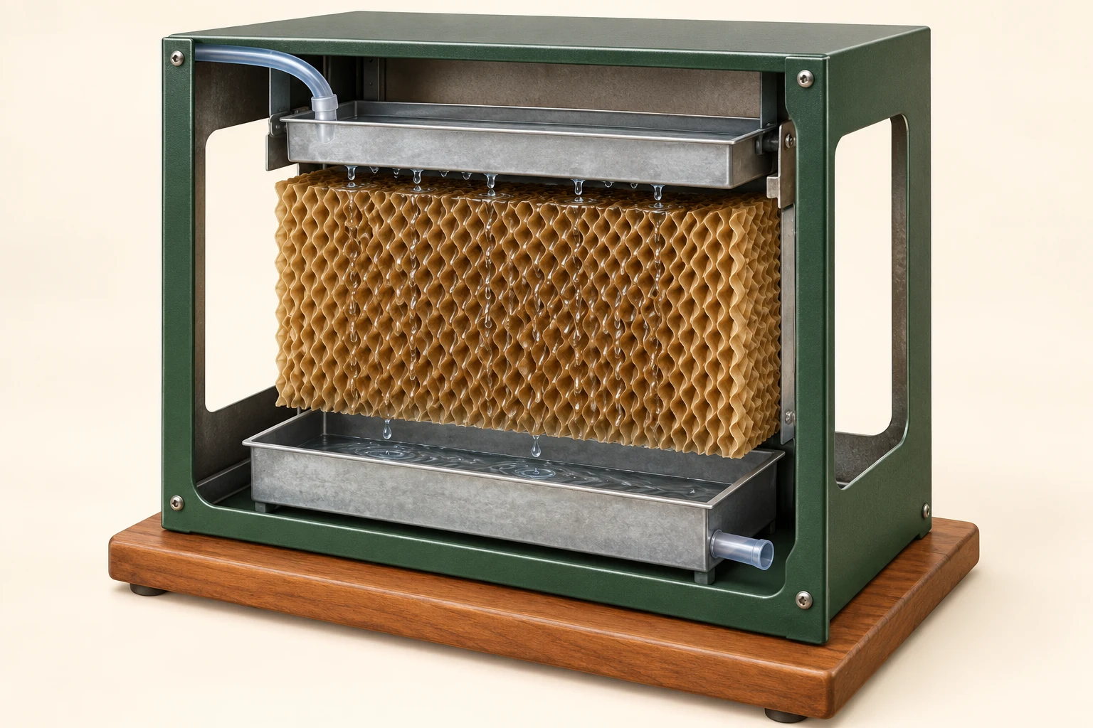 An original conceptual cutaway shows a feed tube entering an upper trough, a honeycomb pad below it, liquid droplets, a lower collection pan and an outlet at the lower right. No airflow arrows or complete furnace route are drawn.