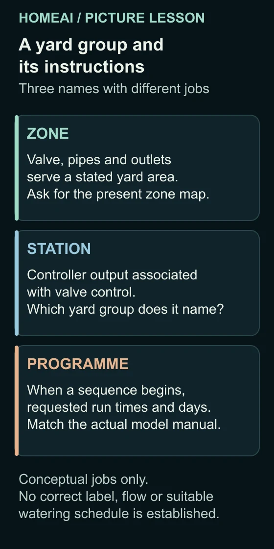 Three separate cards identify a yard zone, a controller station and a watering programme. They compare their jobs without drawing wiring or measured watering.