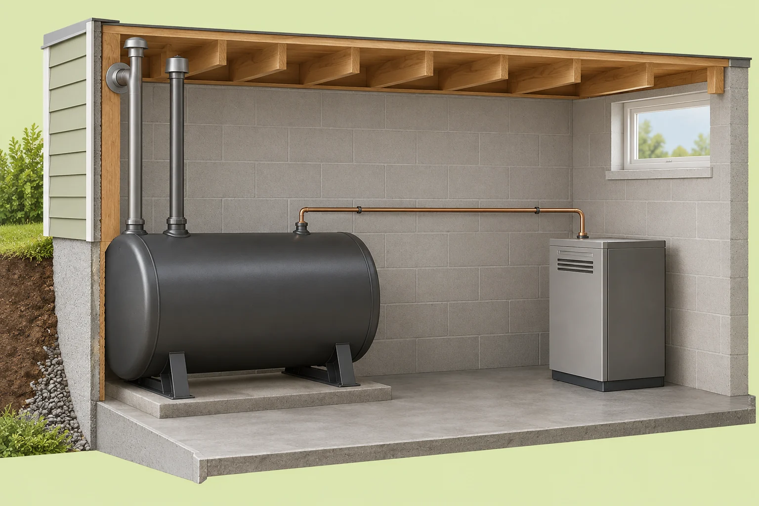 Fictional basement skeleton with a closed horizontal grey tank on supports, two capped vertical top-pipe forms, a thinner copper-coloured line drawn toward a separate closed heating-cabinet specimen and a partial exterior-wall slice.