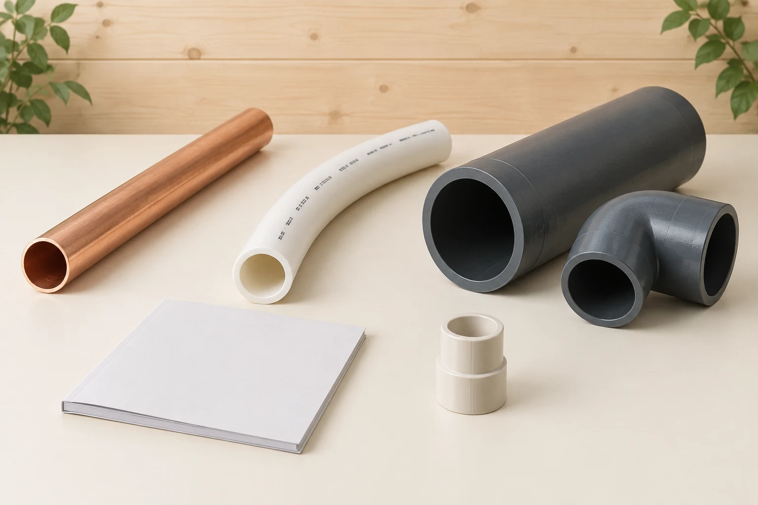 Separate small hollow tube shapes, a wider dark tube, a separate elbow and a small pale fitting sit on a tabletop. The centre tube has dark marking-like bands that cannot be read. A closed blank booklet is beside them.