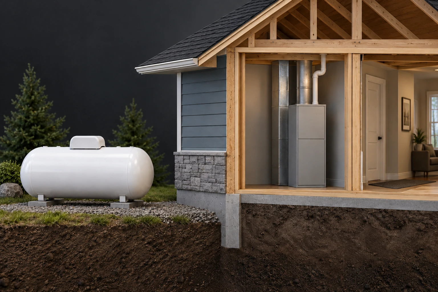 A white outdoor horizontal tank and a closed furnace inside a timber house cutaway. The supply line and regulator are omitted.