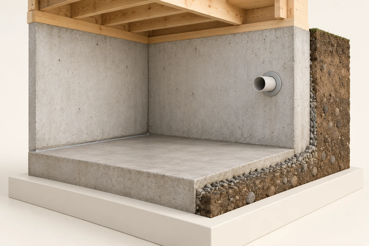 Conceptual timber-framed concrete corner with a floor-to-wall junction, a short collared open-ended wall section and an exposed soil-and-stone cut face on a display plinth