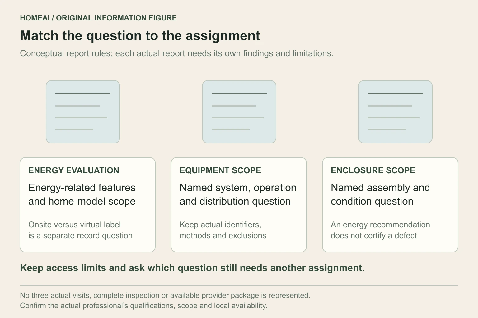 Original information diagram with separate energy-evaluation, equipment-assessment and enclosure-assessment sheets. The sheets connect to distinct questions and are not shown as whole-home certificates.