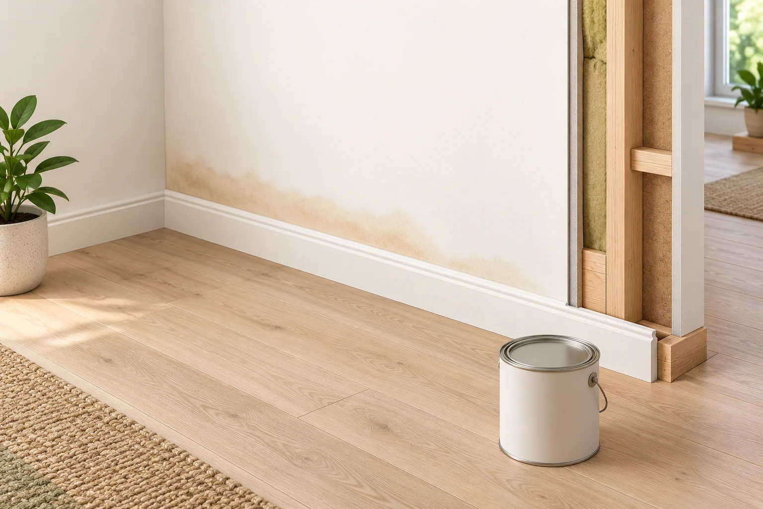 A pale wall has a tan lower stain; an open unlabelled paint container is nearby and an architectural cutaway edge reveals wall layers.