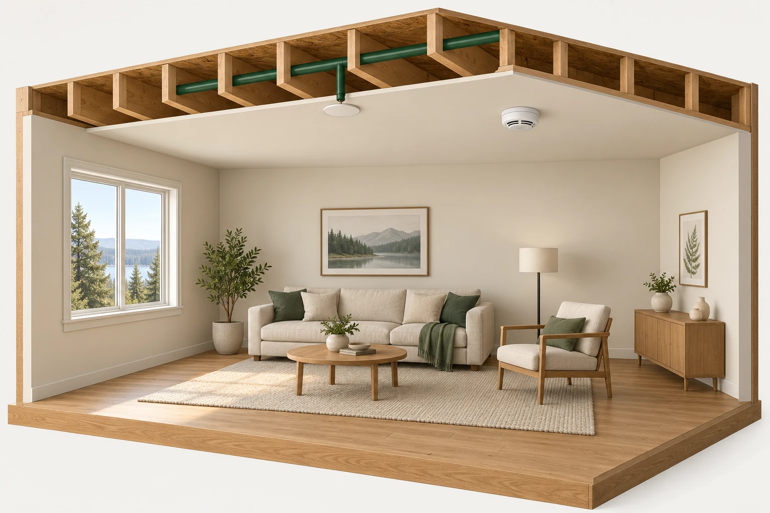 Conceptual furnished living-room cutaway with exposed timber ceiling members, a green pipe-like branch above a smooth ceiling disc and a separate gridded alarm-like housing