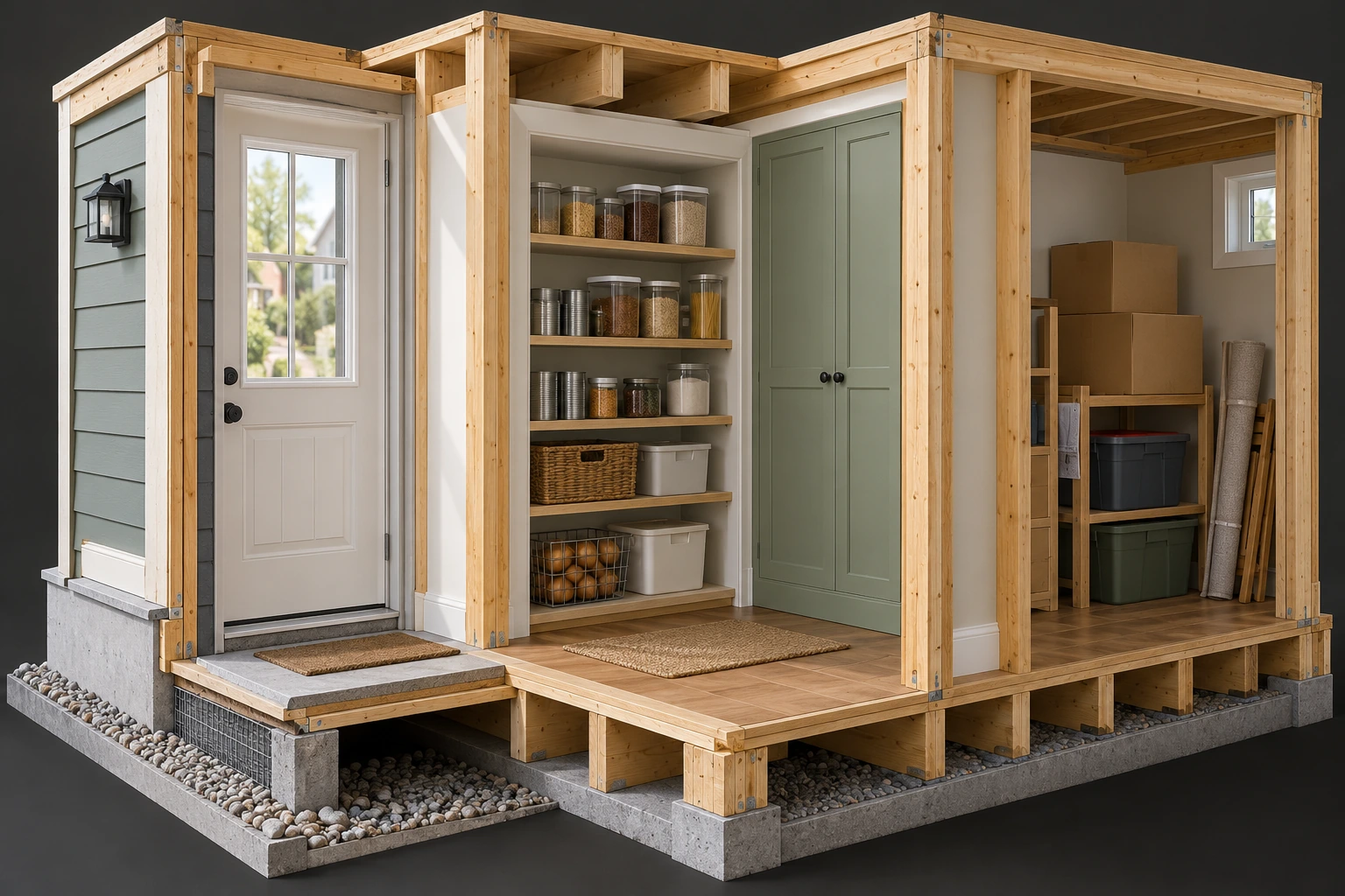 Timber house cutaway with a closed outside door, pantry jars and uncovered produce, and a separate storage nook with boxes and closed bins.