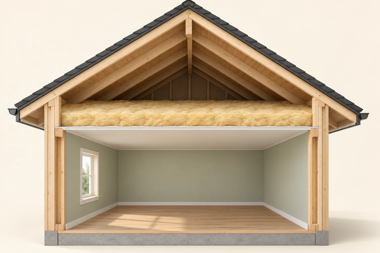 A room sits below a thin horizontal ceiling sheet and broad pale-gold insulation. Above them is an open triangular attic space beneath sloping timber roof parts, a roof deck and a dark covering.