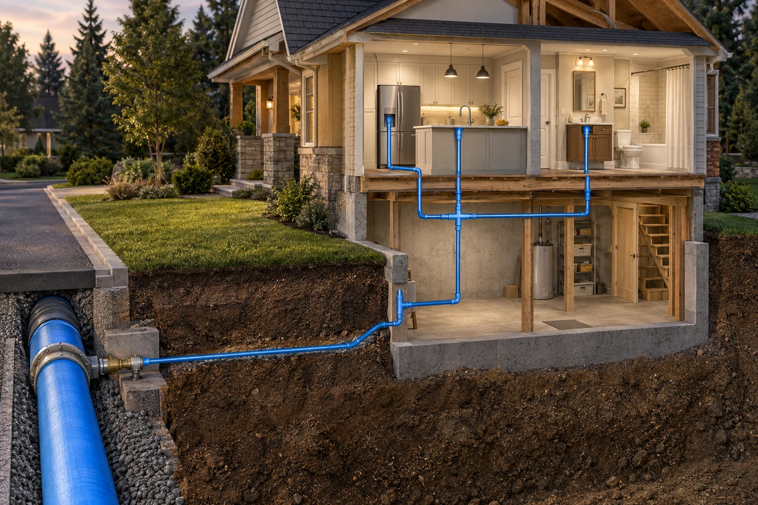 House cutaway with a large buried street pipe, smaller connected service branch and simplified blue branches rising toward a kitchen, refrigerator and bathroom.