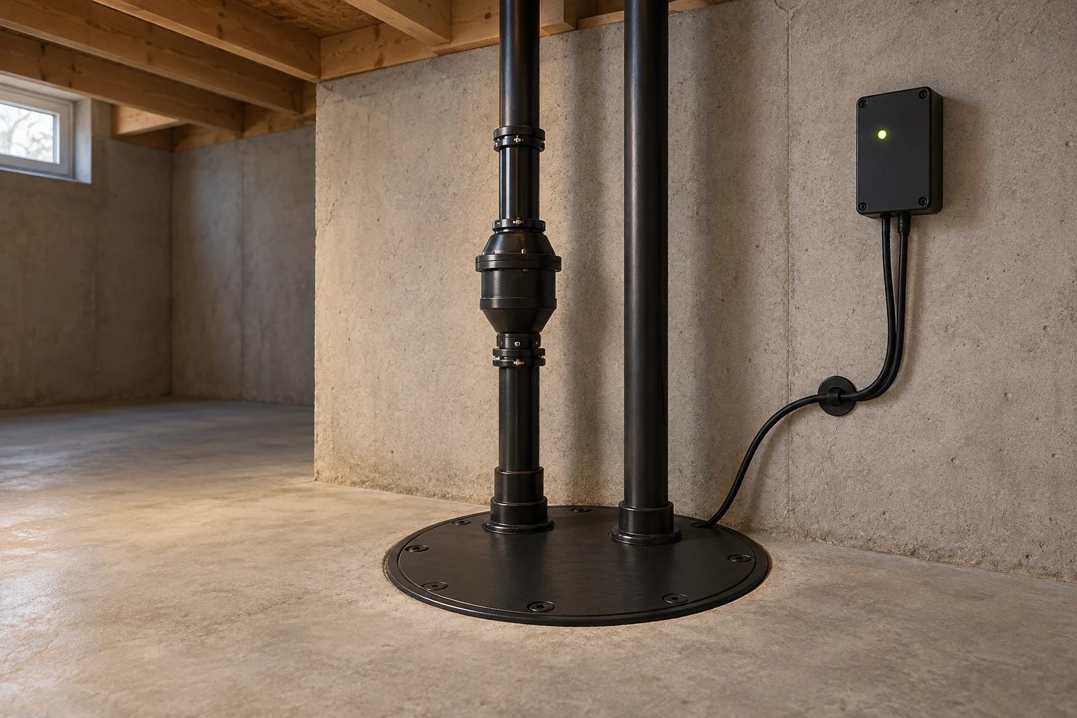 Ordinary dry basement with a closed bolted basin lid, external pipes and a closed wall control showing a green light.