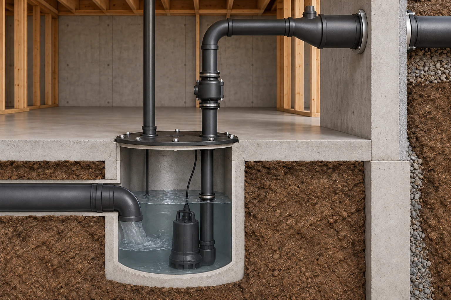 Basin cutaway with pump, rising black discharge and unmarked valve body, joining a larger elevated indoor drainage pipe.