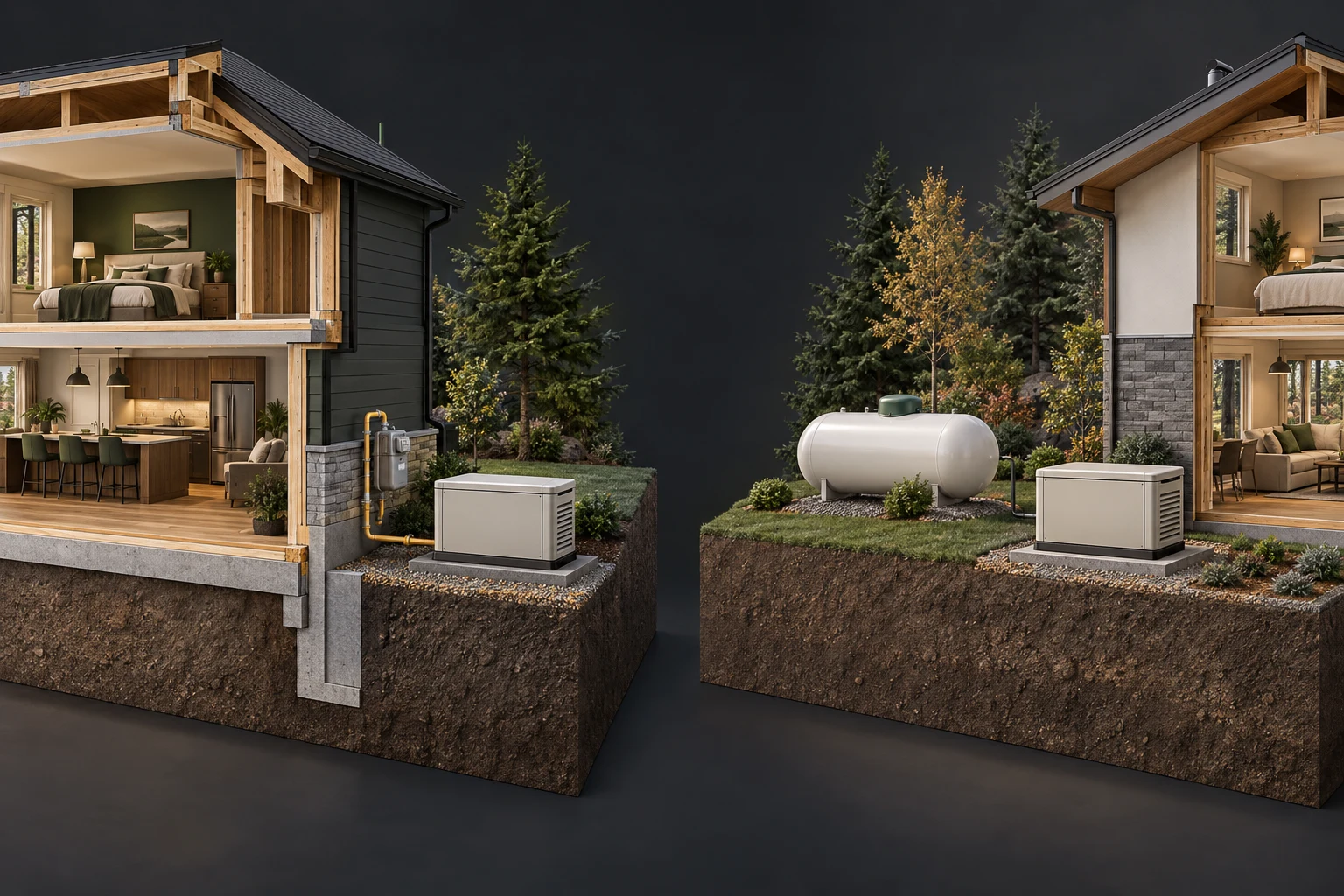 Two separate conceptual house and site views: one generator beside a meter-and-pipe arrangement, another beside a propane-tank-shaped vessel.