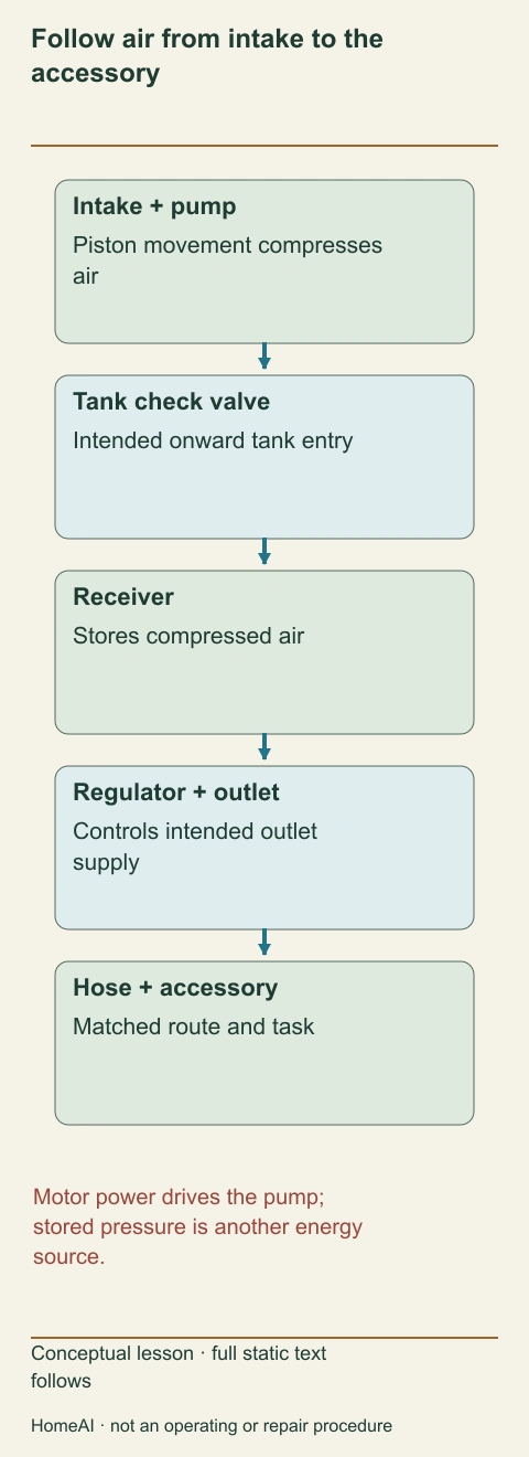 A labelled route separates motor drive, piston pump, check valve, receiver, regulator and hose.