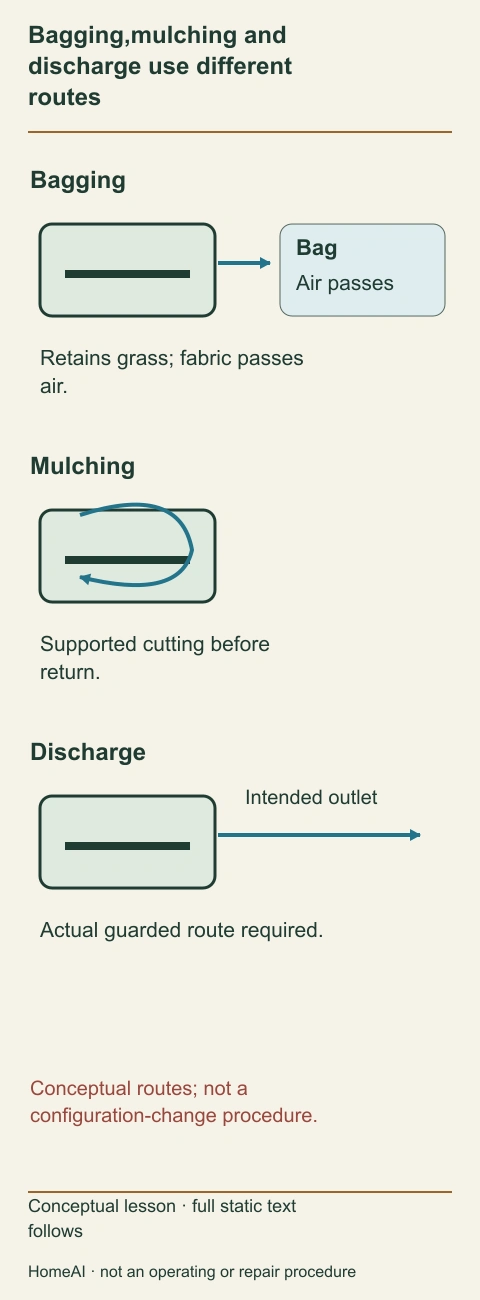 Three conceptual material routes separately show retained clipping circulation, bag collection and guarded discharge.