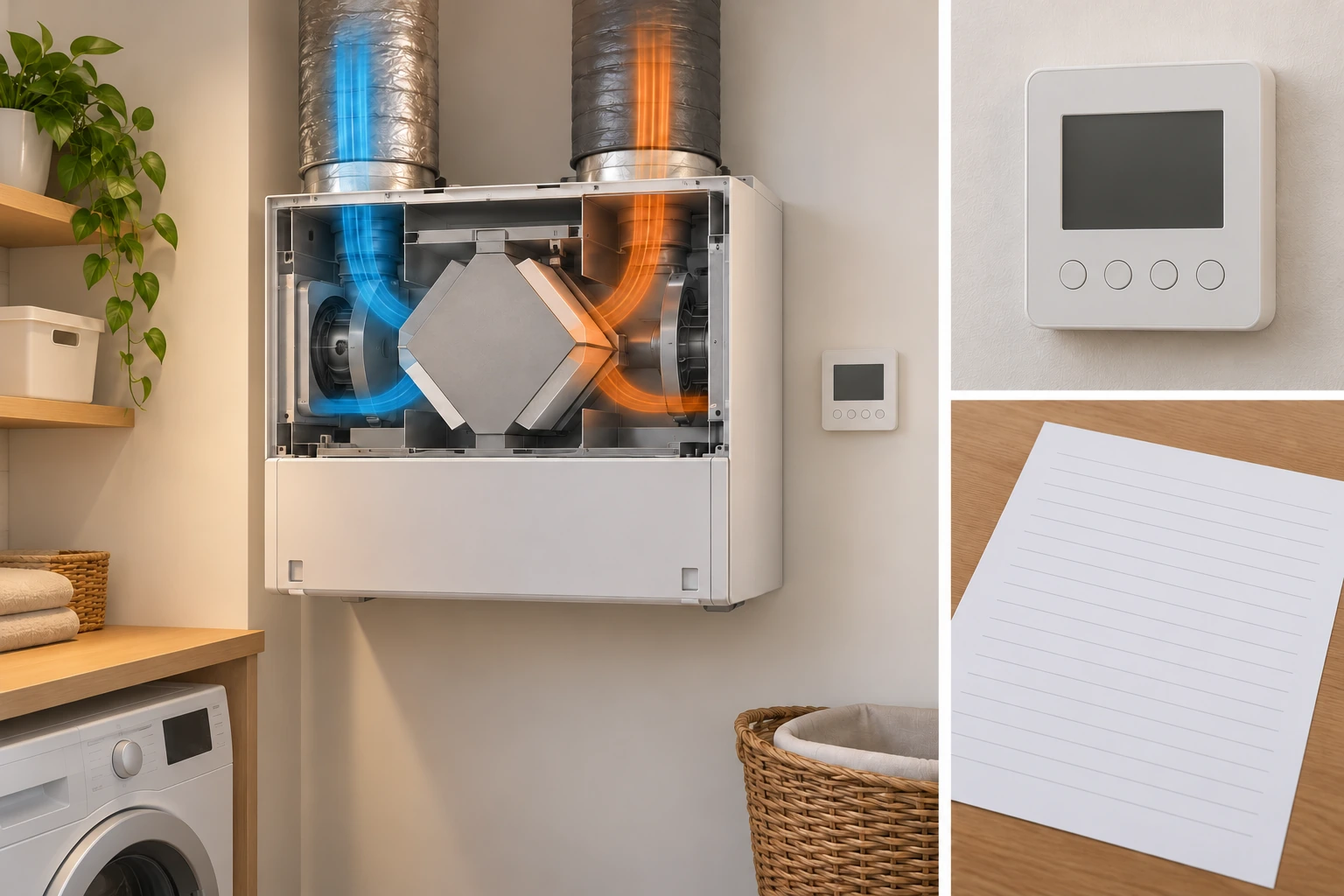 The unit, controller and record answer different questions. A ventilation unit is opened only as a teaching cutaway, exposing a central core and two coloured route regions continuing toward ducts outside the frame. A separate blank controller and empty ruled record sheet distinguish the operating interface from the documentation question.