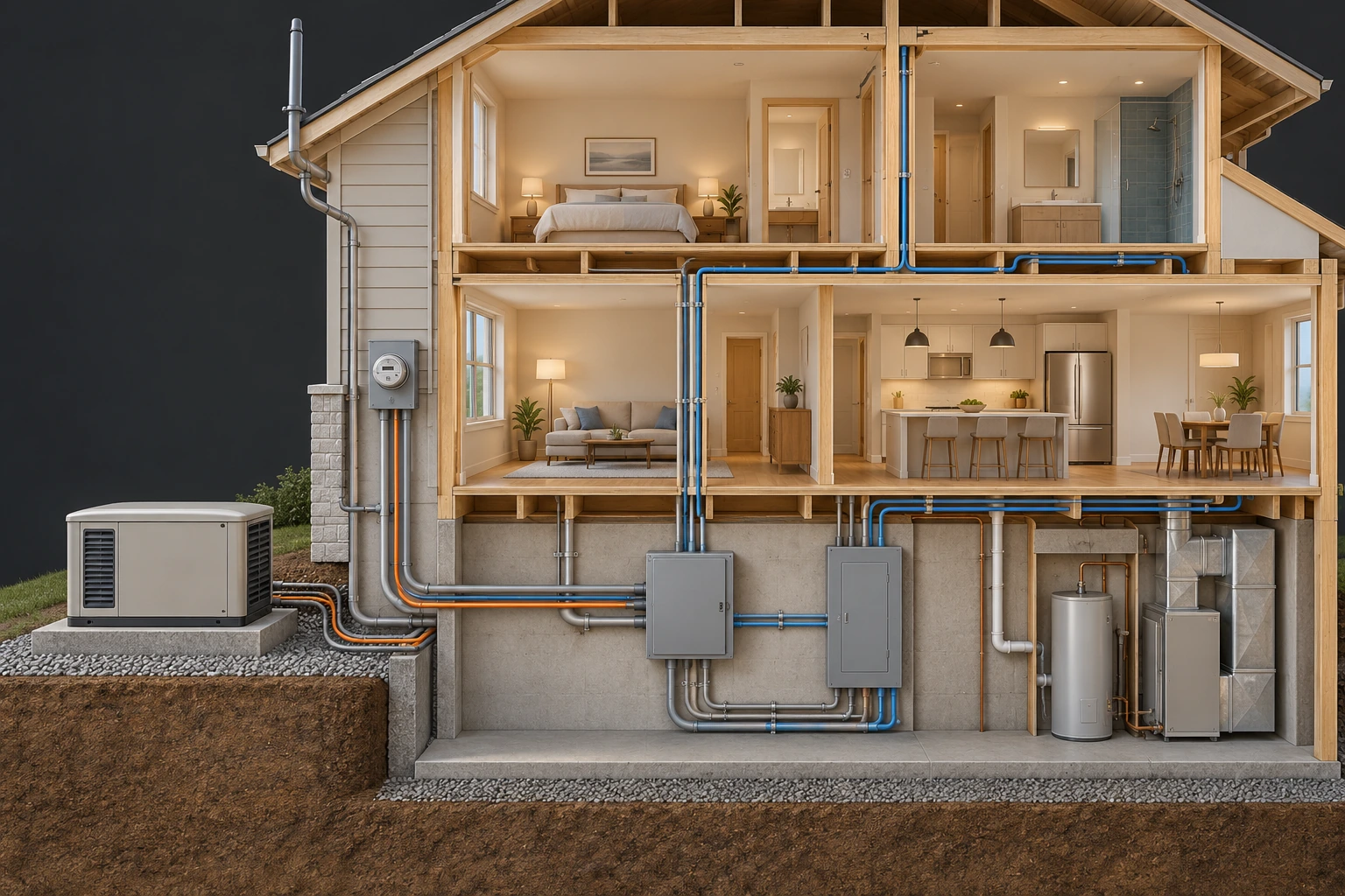 The utility meter, outdoor generator cabinet and two closed basement cabinets are shown with routes between them and the rooms. These locate supply, switching and distribution questions; the cabinet covers conceal their internal arrangement.