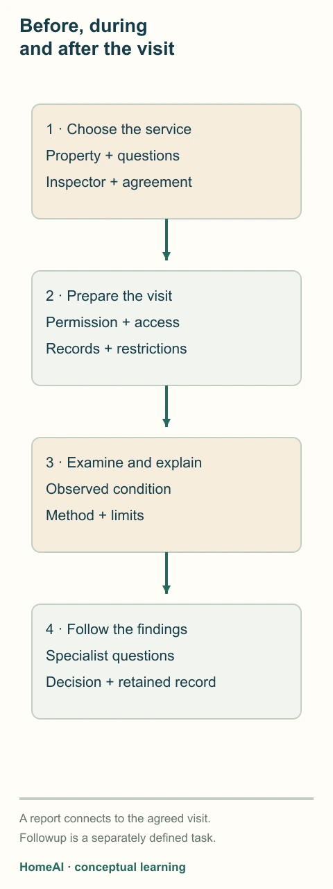 A vertical appointment route links choosing scope, arranging access, observing the house and resolving consequential questions.