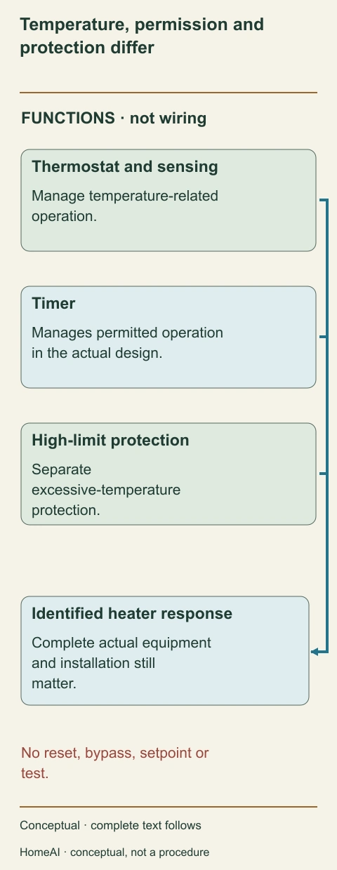 Separate labelled thermostat, timer and high-limit function branches point to an identified heater response without electrical wiring.