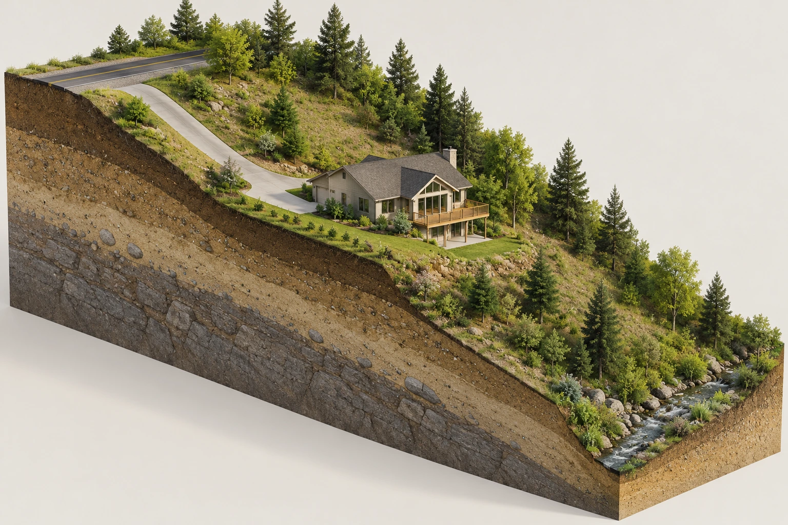 The house sits between higher and lower terrain. The house occupies a bench reached from an upper road, while the terrain continues to a lower channel. This whole-site relationship makes ground, water and access questions understandable before reading a report focused on only one location.