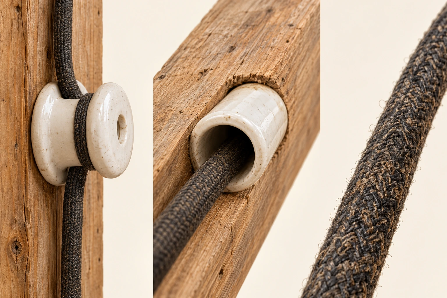 Large close-ups of a ceramic supporting knob, a ceramic tube through timber and the woven covering of an insulated conductor.