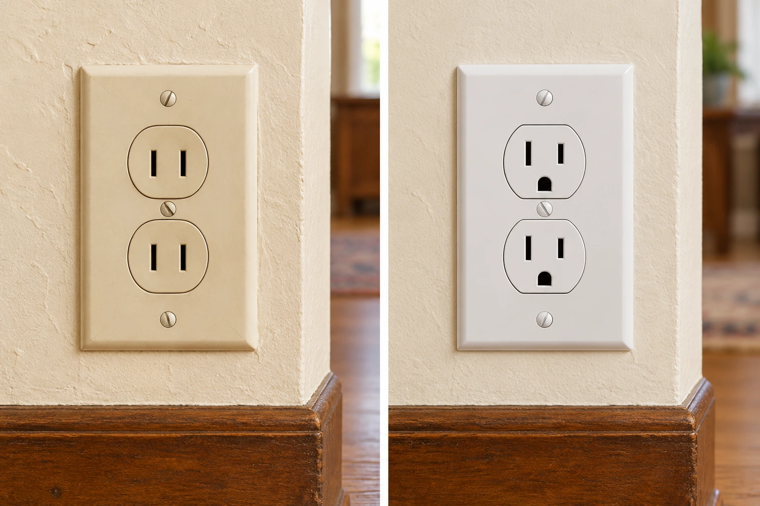 Closed two-slot and three-slot duplex receptacle faces on separate finished wall sections, with all wiring concealed.