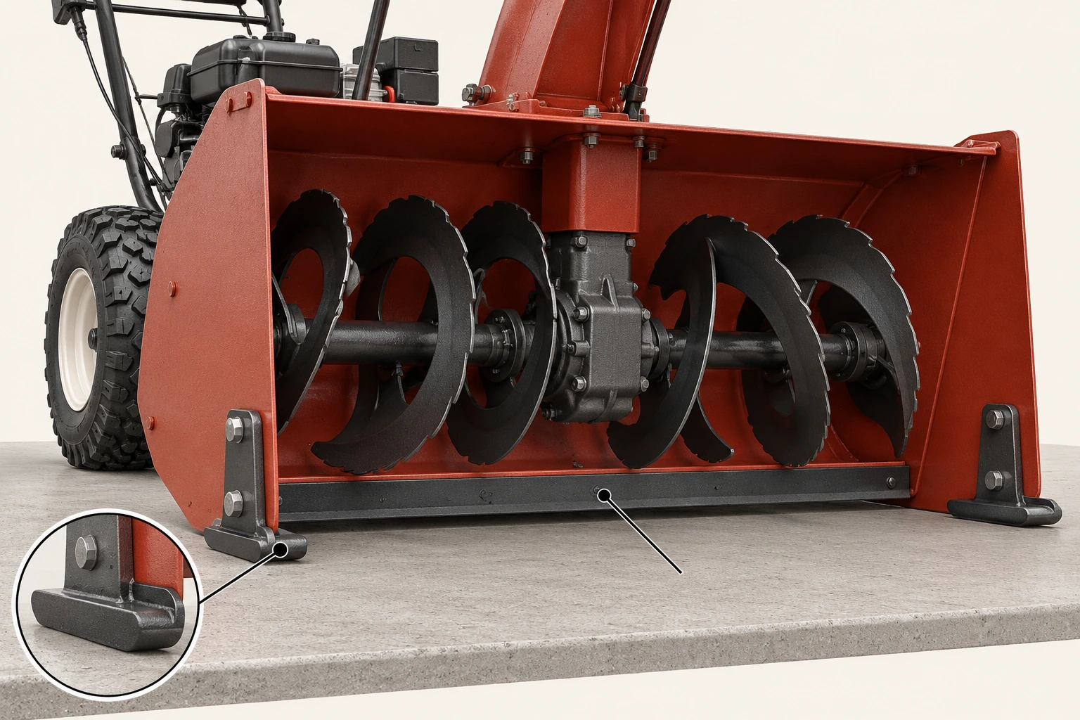 Stationary front bucket with two side skid shoes resting on pavement and a distinct long scraper edge beneath the motionless auger.