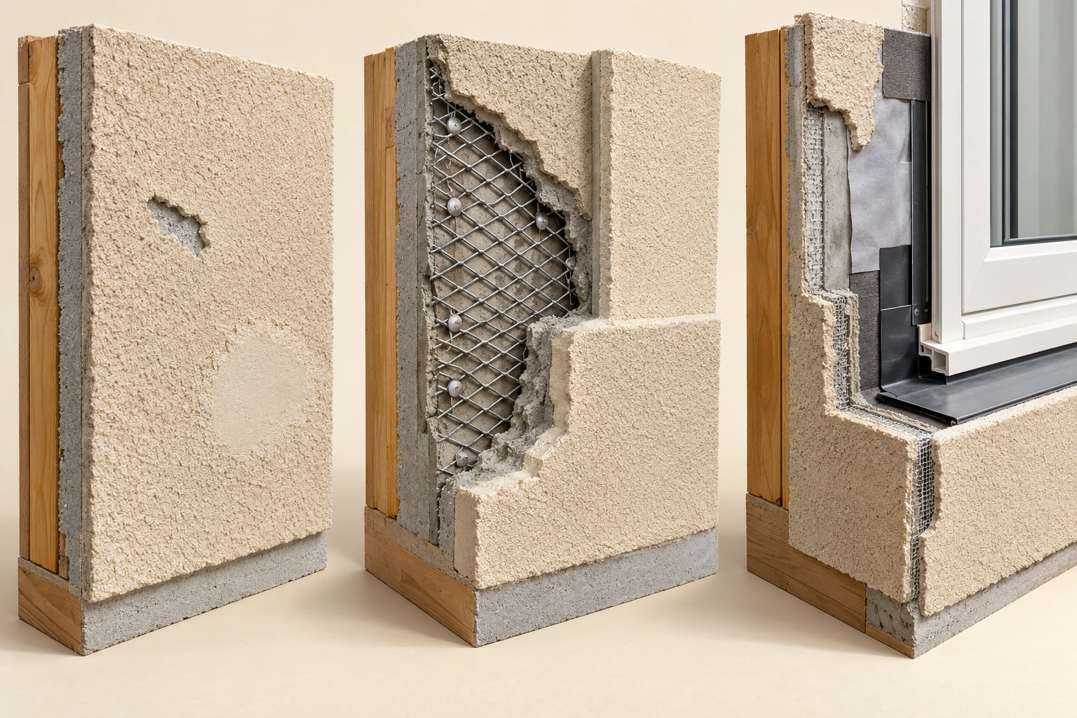 Three separate wall samples show a small loss of outer finish, a larger opening exposing diamond metal lath, and an opened window area with wrap, flashing and fine white reinforcing mesh.