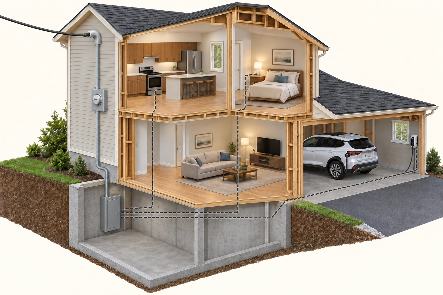 A conceptual house cutaway shows an external meter, enclosed service route, closed basement electrical panel, familiar appliances and a garage EV charging unit with a black cable to the vehicle. Dashed links indicate end uses rather than physical cabling.