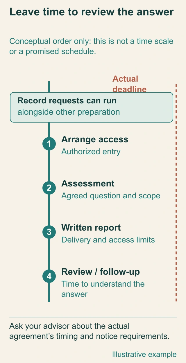 Conceptual unscaled task timeline with a parallel record request, authorized access, assessment, written report, review and an actual-agreement deadline marker. No duration is supplied.