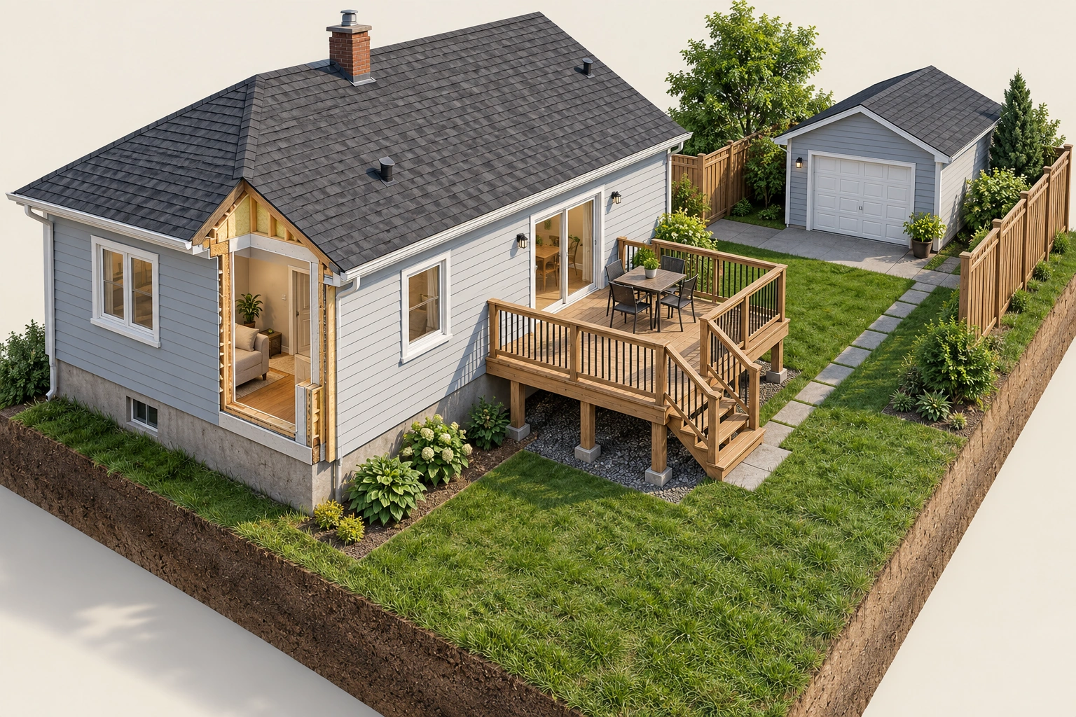 Original elevated rear-yard cutaway with a house, attached deck and stairs, separate garage, lawn and fences. No legal boundaries or dimensions are drawn.