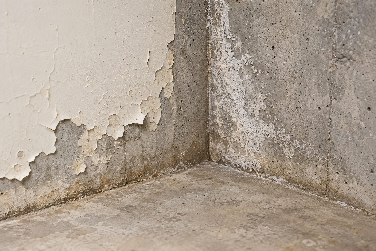 Illustrative basement corner with peeling pale paint, exposed rough grey wall surfaces, chalky deposits and a darker lower band near the floor.