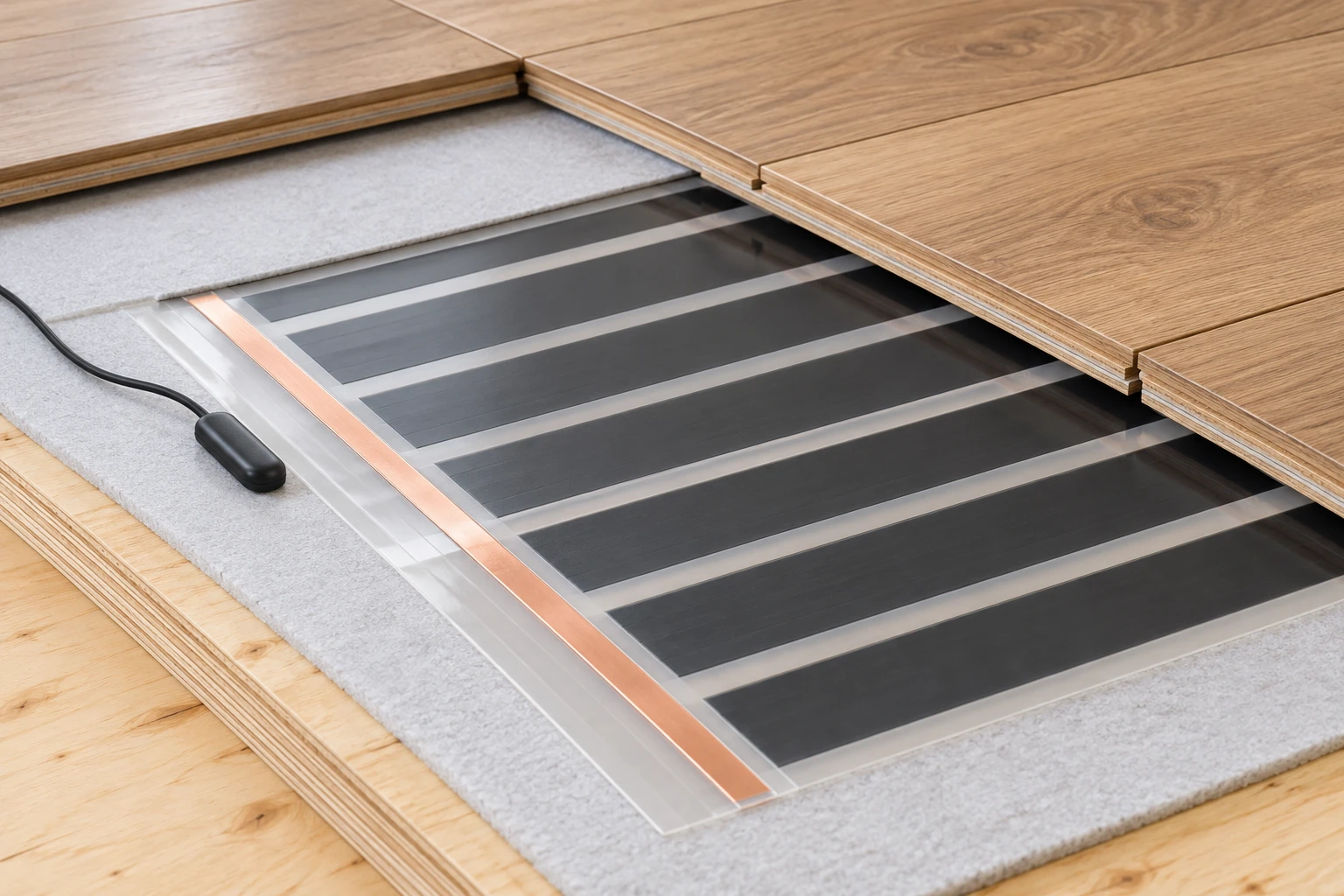 Dark conductive heating strips and an edge path beneath a floating floor, with a separate probe beside the clear margin.