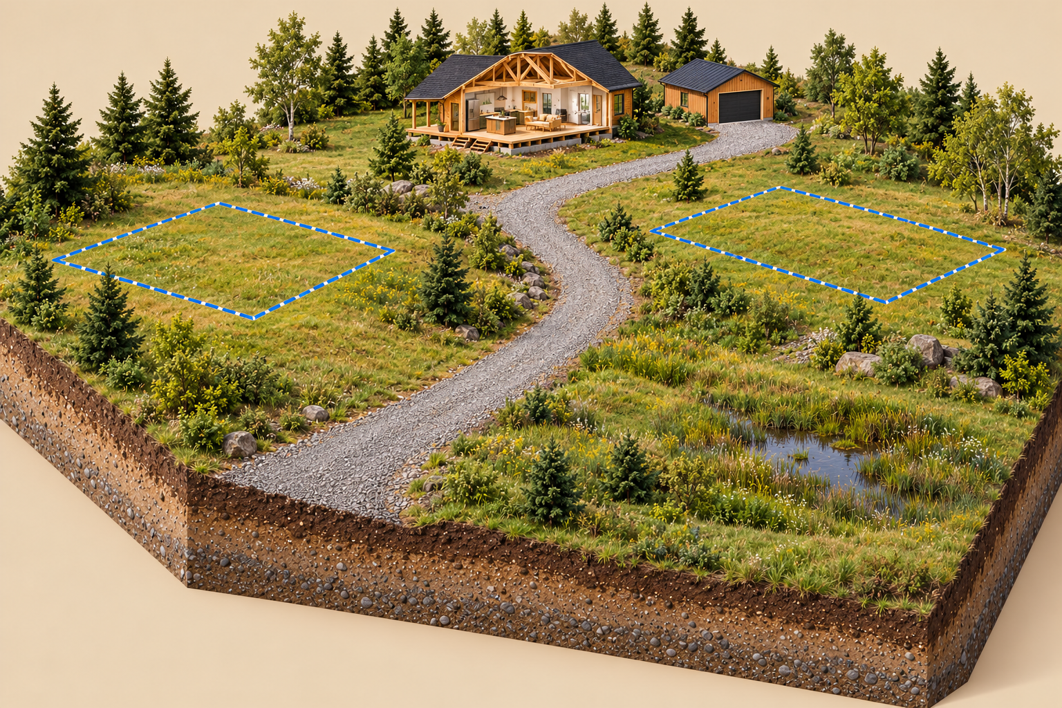 Fictional miniature acreage with central gravel drive, sloping grass, low vegetated water feature and two dashed alternative project outlines.