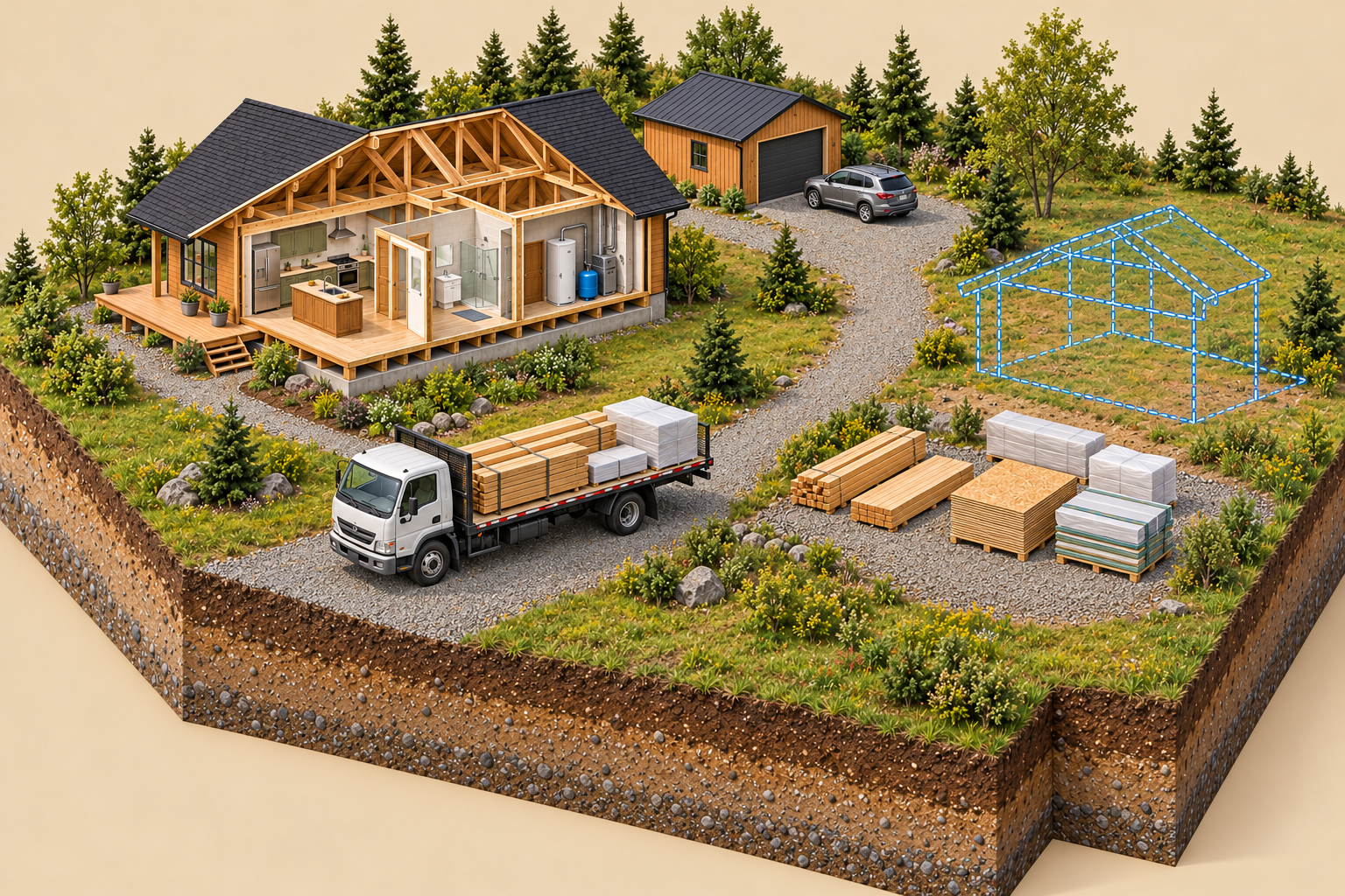 Fictional miniature occupied house and workshop with a delivery flatbed, material stacks, porch approach and dashed unbuilt frame.