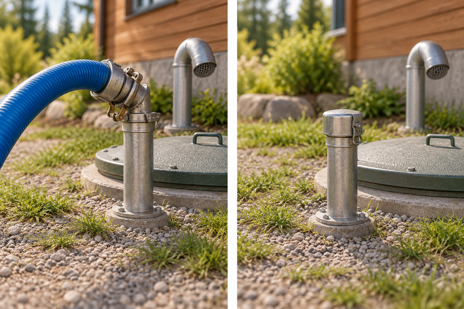 Two conceptual close-ups show a blue hose coupled to a narrow fill connection and a separate capped state. A broad closed service cover and downturned screened vent remain separate.